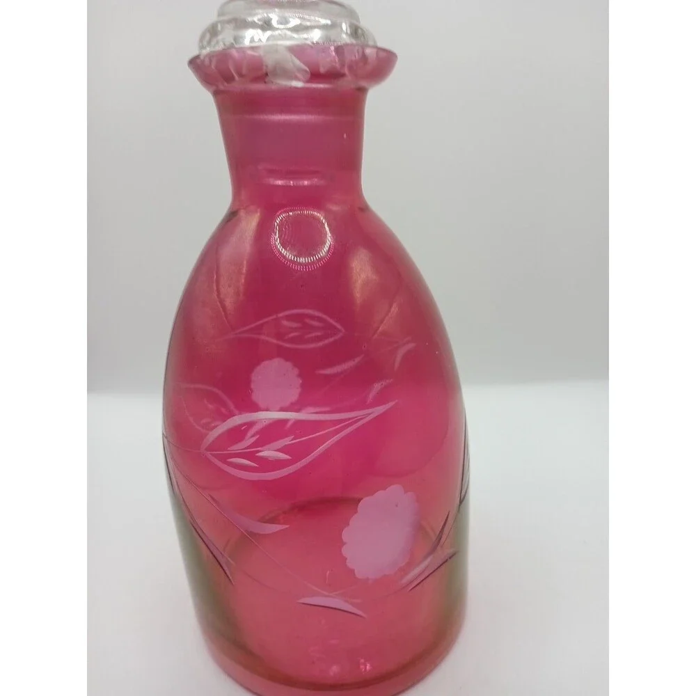 MCM Vintage Etched Cranberry Glass DECANTER With 5 Cordial Shot Glasses Red